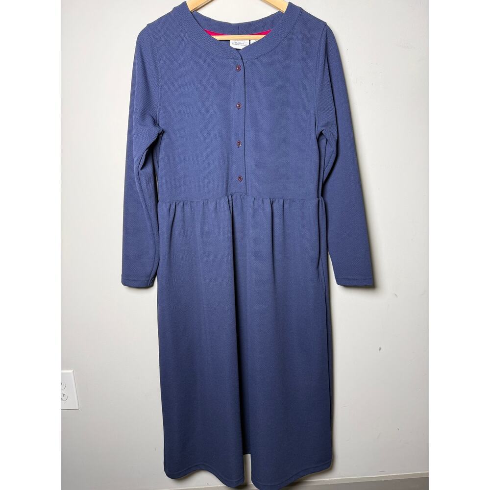 The Vermont Country Store Waffle Knit Button Front Midi Dress Navy Blue Sz M